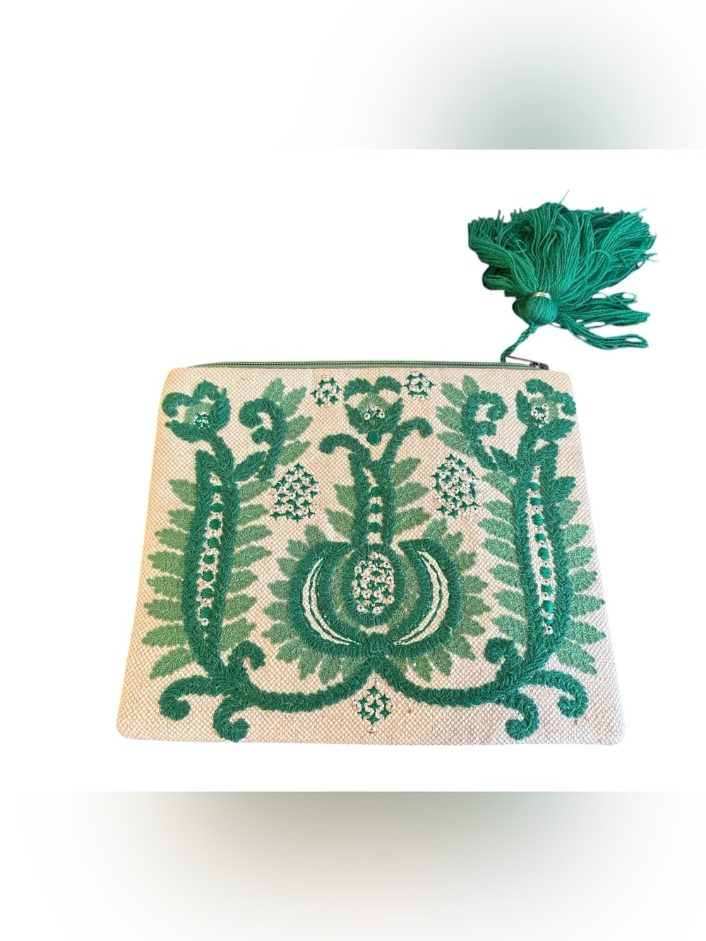 Victorian Trading Company Green cream embroidered beaded boho gypsy pouch clutch